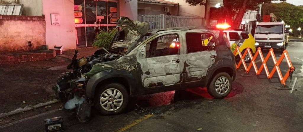 Motorista dorme ao volante, bate em poste e carro pega fogo